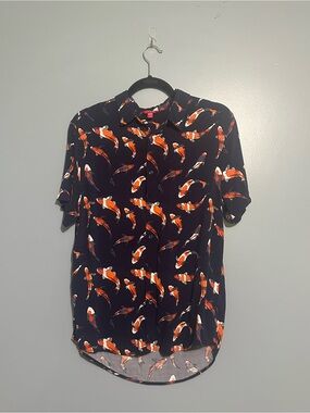 Koi Fish Print Short Sleeve Button-Up Shirt - Navy Blue & Orange - Guess